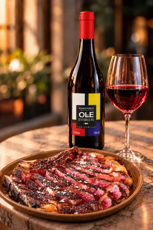 Botella de Olé de Estrellas con chuletón de ternera