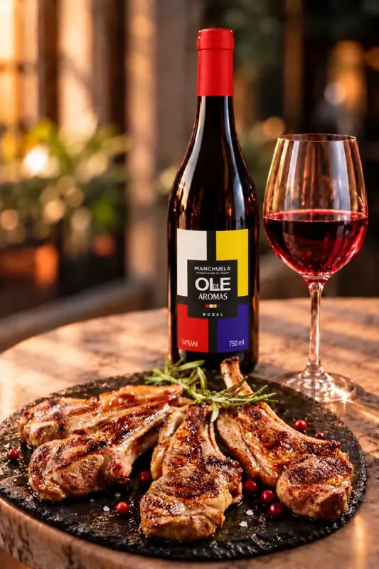 Botella de Olé de Aromas con chuletas de cordero a la brasa