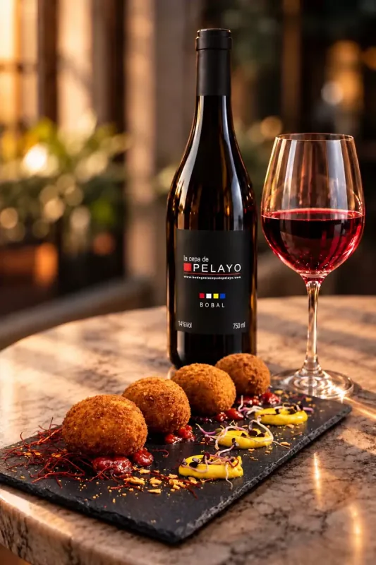 Botella de La Cepa de Pelayo con croquetas de ibérico