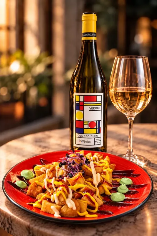 Botella de Vermut Composición con patatas bravas