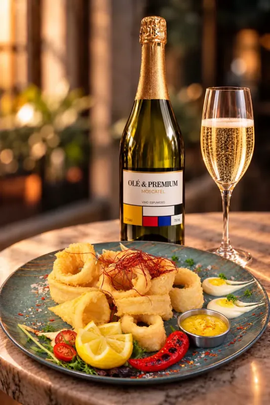 Botella de Olé & Premium Moscatel con calamares a la andaluza